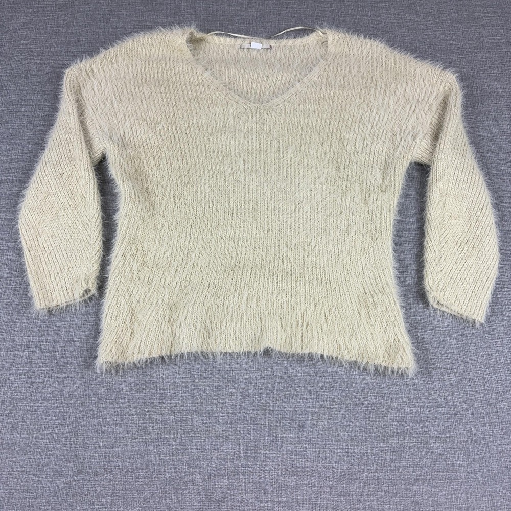 Kimchi Blue Sweater Womens Small White Acrylic Polyamide V Neck Fuzzy Pullover